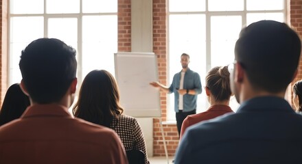 Confident male presenter leading a corporate training session for employees in a modern conference room