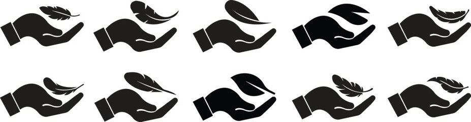 Feather in hand icons set in flat styles. Lightweight symbols collection and soft feather group. Sensitive sign for fabric, clothing, beauty product, light material, and delicate concept vectors. © Muhammad