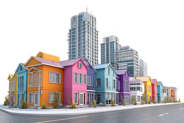 Fototapeta premium Colorful urban cityscape with vibrant houses and modern skyscrapers, perfect for real estate, architecture, and design concepts