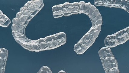 Transparent invisible dental aligners or braces aplicable for an orthodontic dental treatment. Invisible dental teeth brackets tooth aligners on blue background. Plastic braces dentistry retainers