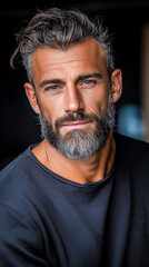 Obraz premium Charismatic man with distinguished beard and intense gaze poses against dark background in a captivating portrait
