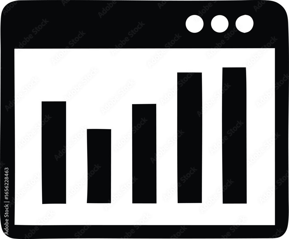 Poster black and white icon representing a digital bar chart displayed on a computer screen with three circ