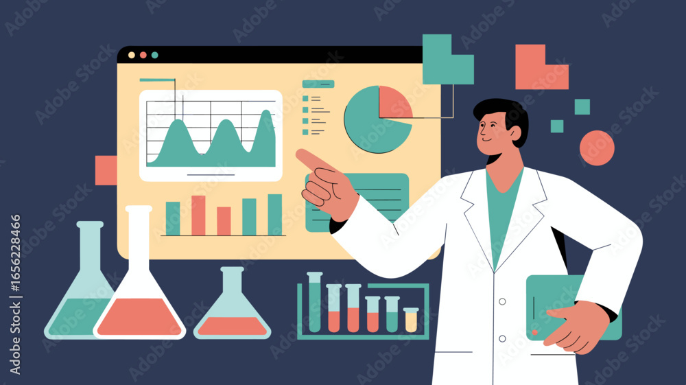 Poster scientist analyzing data on a digital dashboard with charts and graphs vector illustration, lab data