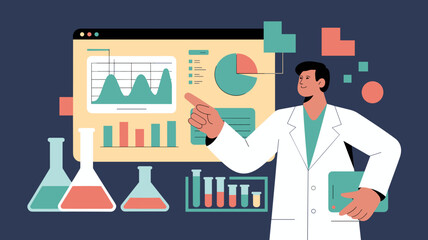 scientist analyzing data on a digital dashboard with charts and graphs vector illustration,  lab data visualization, scientific research analysis and medical statistics