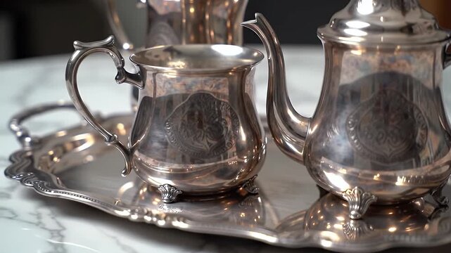 Elegant Silver Tea Set with Intricate Design on Marble Tabletop in Soft Lighting