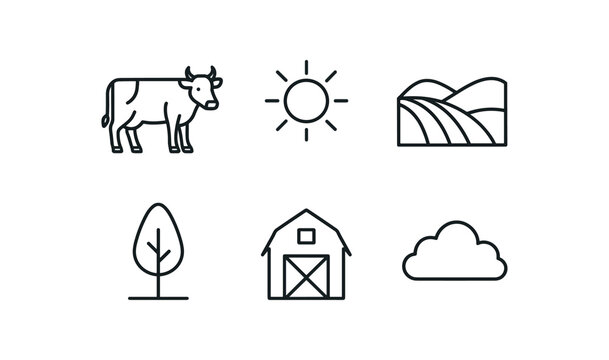simple outline stroke icon items monoline icons style isolated on white background mural (neon pastoral): cow sun hill tree barn cloud