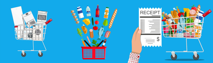 Shopping cart with household appliances. Groceries falling into basket. Man holding bill. Shopping cart full of food. Store concept design. © absent84