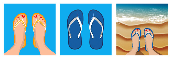 Flat style vector set collection with woman feet in flip flop on blue background and a beach with ocean for summer vacation.
