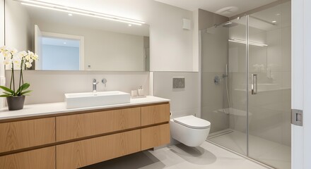 Modern Minimalist Bathroom Design Light Oak Vanity & Frameless Shower
