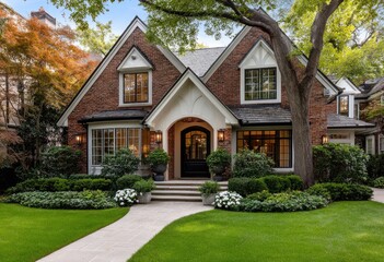 A beautifully Revited brown and white brick home with an ornate gable roof, set in the heart of Chicago's bohemian neighborhood