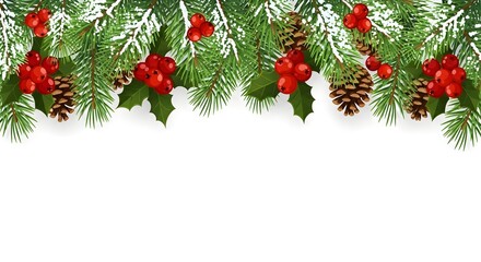 Festive Christmas Border Evergreen Branches, Red Berries, and Pine Cones on White