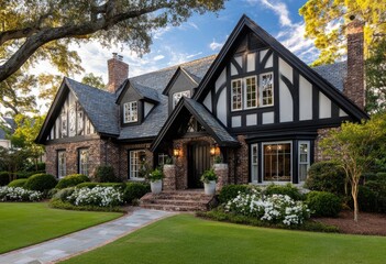 A beautifully Revited brown and white brick home with an ornate gable roof, set in the heart of Chicago's bohemian neighborhood
