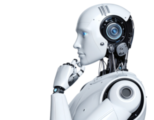 Thoughtful AI robot contemplating future technology and innovation, perfect for futuristic design projects