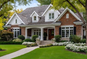A brown and white english style home with shingle roof, located in the suburbs of chic seedhoop neighborhood of Chicago
