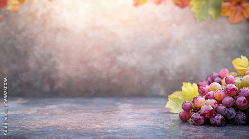 Aufkleber bunch of fresh grapes arranged on a rustic table with autumn backdrop
