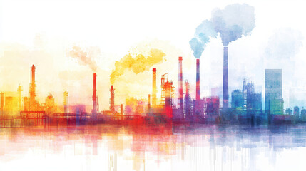 Fototapeta premium Colorful industrial skyline with smokestacks and factories, showcasing pollution and urban development. vibrant hues create striking visual impact