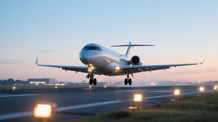 Obraz premium Private Jet Landing on Runway at Sunset with Clear Sky and Airport Lights