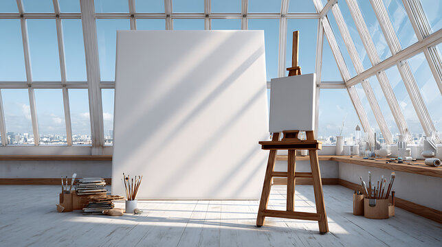 Artist studio with blank canvas on easel and art supplies for painting and drawing bright sunny room