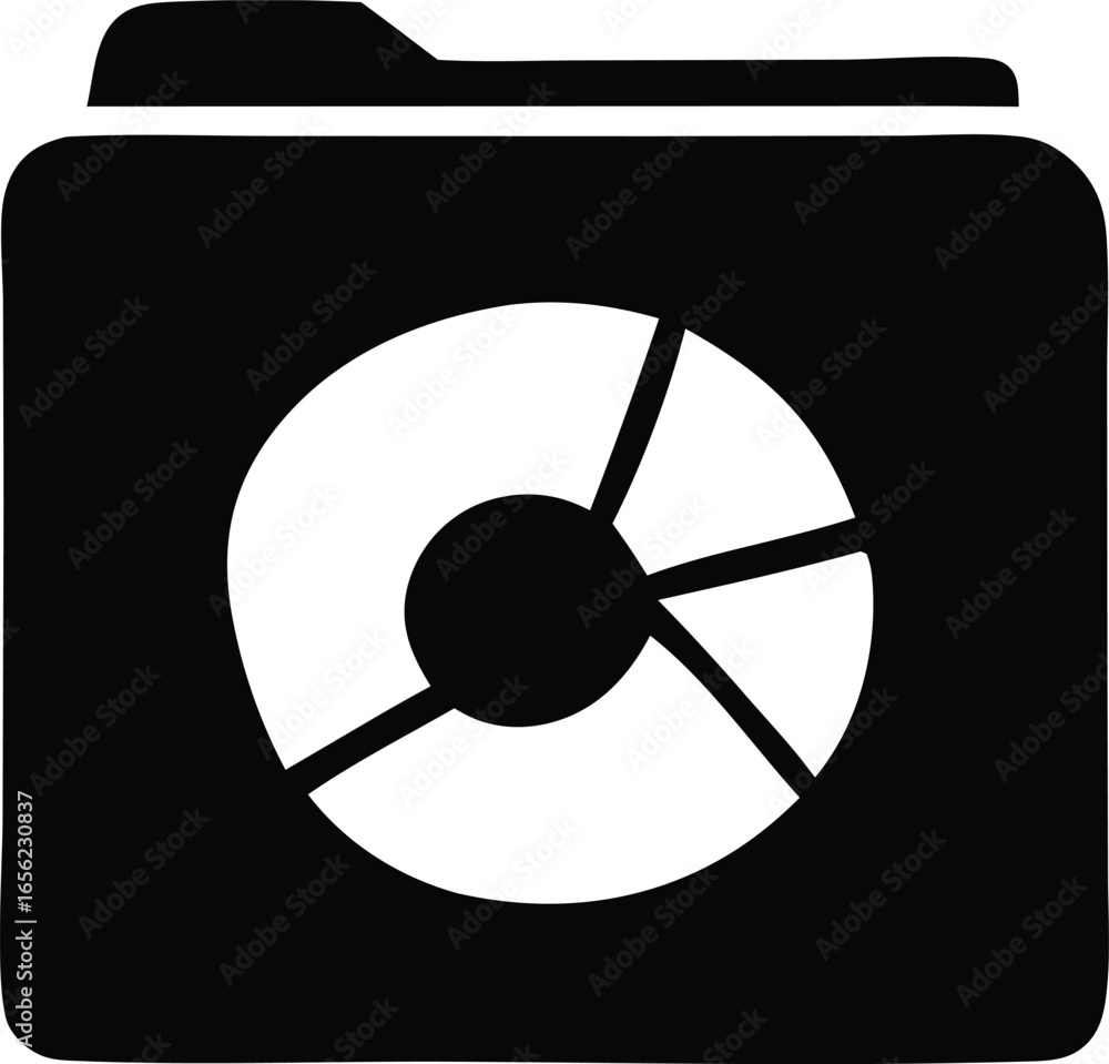 Poster a black and white minimalist icon representing a folder containing a pie chart symbolizing data orga