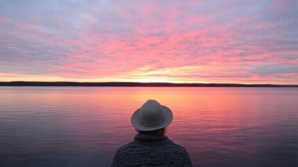 Sunset over calm waters with a person enjoying the view in the evening