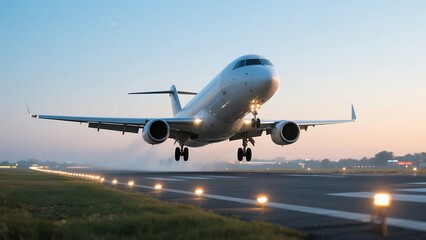 Naklejka premium Commercial Airplane Landing on Runway at Sunset with Bright Lights and Clear Sky