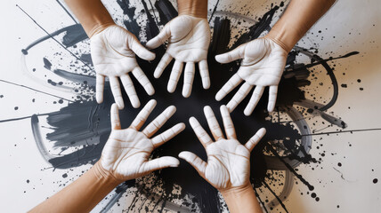Obraz premium Diverse group of artists wearing white gloves collaborating on a large abstract black and white painting