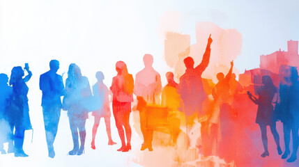 Silhouettes of diverse people in vibrant colors, representing unity and collaboration in modern setting, evoke sense of community and energy