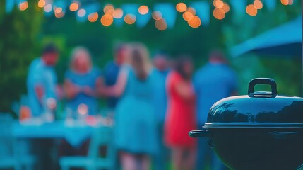 Outdoor gathering with barbecue at dusk during summer celebration