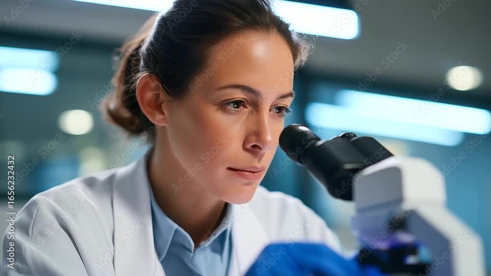 Poster researcher analyzing specimen with microscope in lab setting