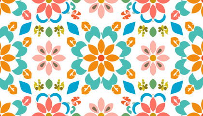 Vibrant folk art inspired seamless pattern featuring stylized flowers and ornamental kaleidoscope design for a decorative background
