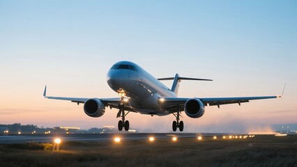 Obraz premium Commercial Airplane Landing at Sunset on Runway with Bright Lights