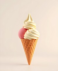 Ice cream cone with three colorful scoops, on a clean pastel background.