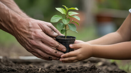 Generations planting a small tree together symbolizing growth and environmental care