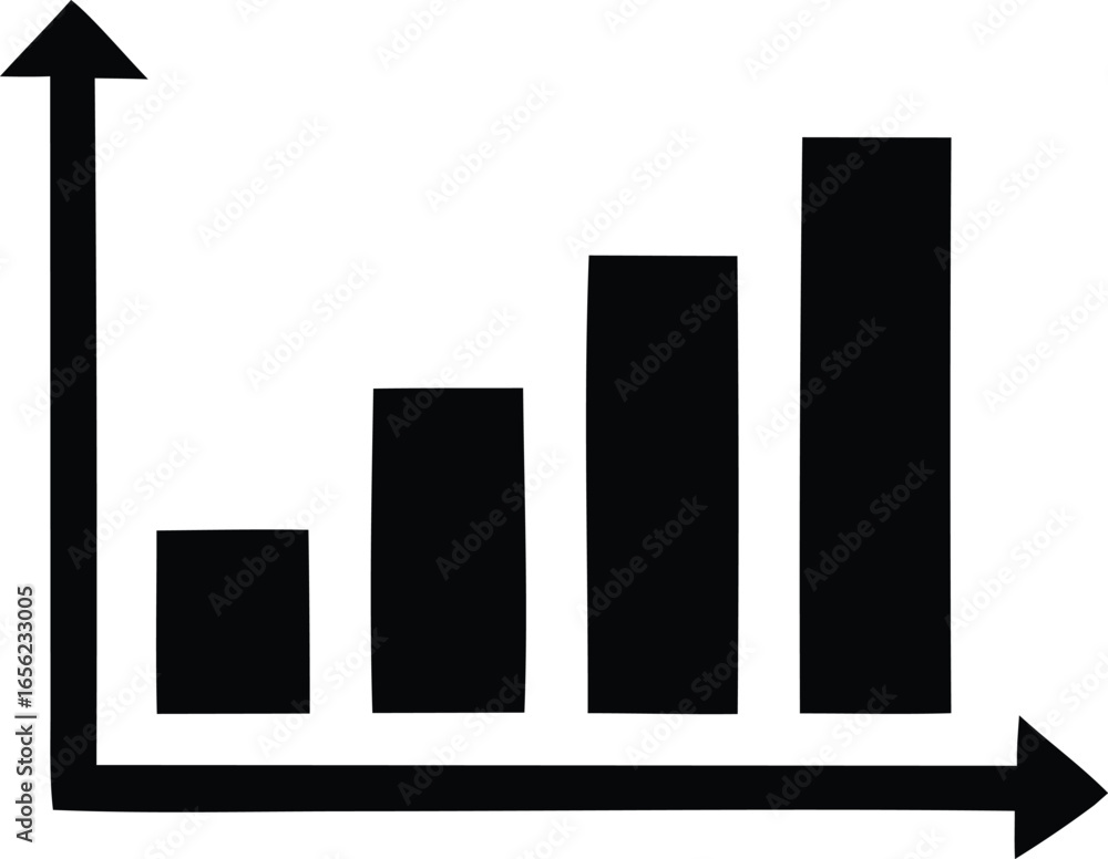 Poster simple black and white bar chart illustrating upward trend and growth over time with clear axes and 