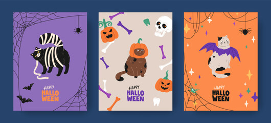 Hand drawn colorful cards set of Halloween with cats in costumes, mummy, bats, pumpkins, spider web, bones and typography. Festive cartoon design for print, invitation, poster, flyer, banner