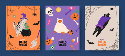 Hand drawn cards set of Halloween with cats in costumes, ghost, vampire, skull, bats, pumpkins, spider web, bones and typography. Festive cartoon design for print, invitation, poster, flyer, banner