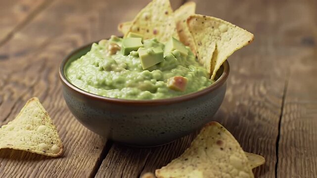 Green Guacamole Dip with Triangle Tortilla Chips on Dark Wood Background for Adobe Stock