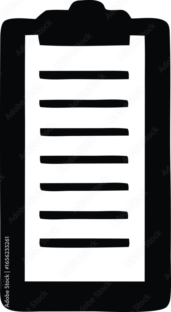 Poster simple black and white icon of a clipboard holding a document with horizontal lines representing tex