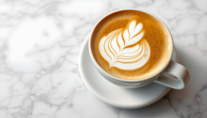 a cup of cappuccino with latte art foam, on a marble table.