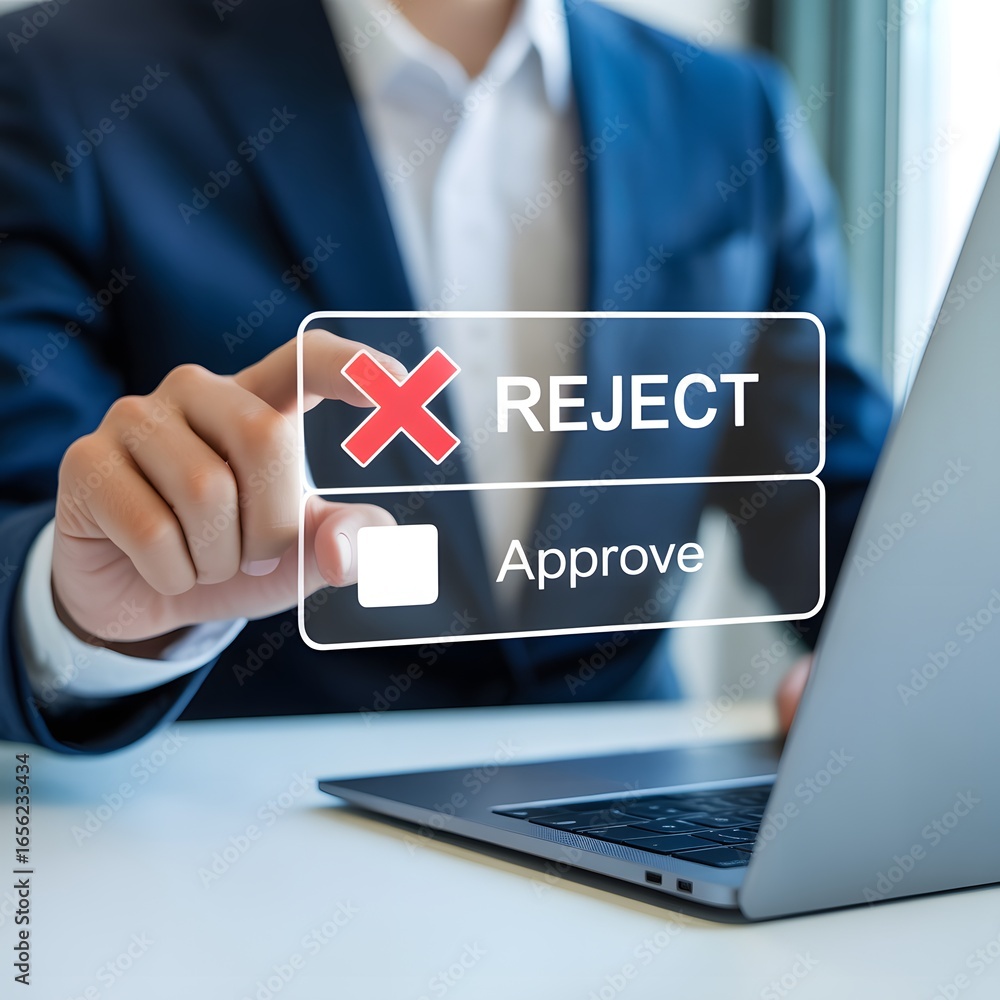 Poster hand rejecting a digital proposal with approve option visible decision choice