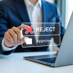 Hand rejecting a digital proposal with approve option visible decision choice