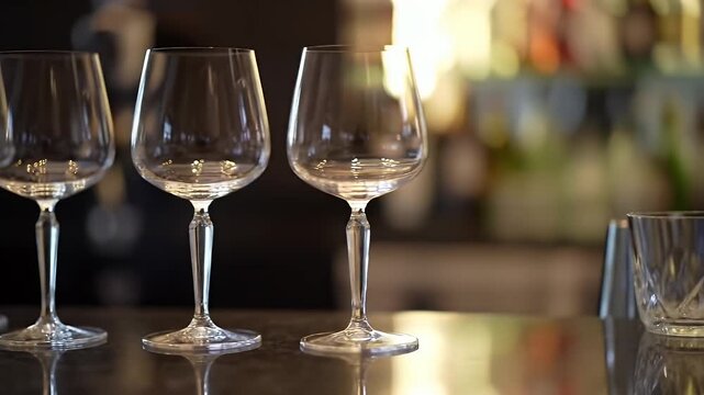 Group of Wine Glasses on Countertop with Blurred Restaurant Interior Background
