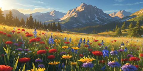 Tranquil Landscape of Flowers and Mountain Peaks