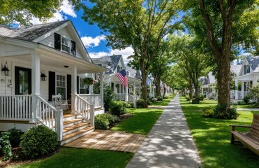 A street view of single-family homes in a downtown ceremonial, Great Lakes Midwestern neighborhood block with an American flag on the front porch