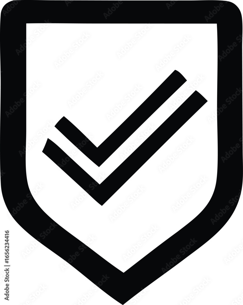 Poster simple black outline shield icon featuring a bold double check mark symbol indicating approval or se