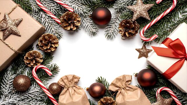 Festive Christmas Holiday Frame with Pine Branches Gifts Candy Canes Pinecones Ornaments and Stars on White Background for Seasonal Designs and Text Space