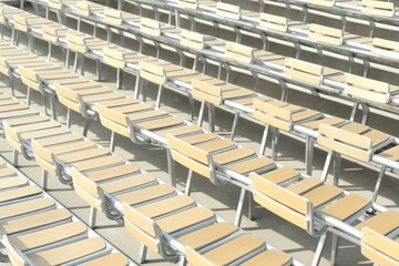 Empty stadium seating row with beige and white theme, hyper-realistic cinematography style
