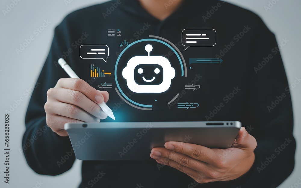 Poster person interacting with ai chatbot and data visualization on tablet artificial intelligence