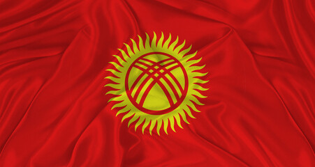 Flag of Kyrgyzstan with cloth texture. Close up of Kyrgyzstan flag waving