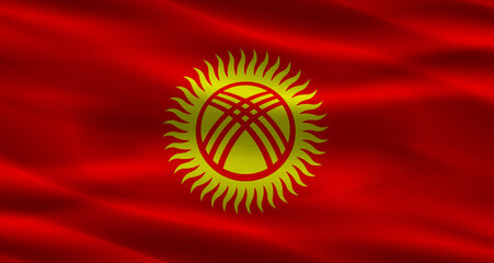 Kyrgyzstan flag with fabric texture. Realistic flag of Kyrgyzstan waving